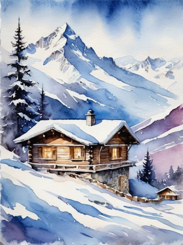 mountain huts,ortler winter,winter landscape,mountain hut,watercolor,watercolor painting,snow landscape,winter house,snowy landscape,alpine hut,snow scene,chalet,christmas landscape,watercolour,house in mountains,watercolor paint,watercolor background,home landscape,snow house,chalets,Illustration,Paper based,Paper Based 25