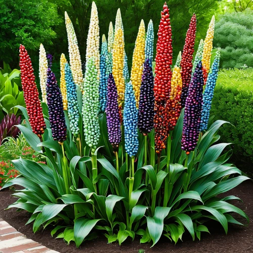 ornamental corn,torch lilies,pineapple lily,pineapple lilies,grape hyacinths,hyacinths,torch lily,colorful flowers,muscari,india hyacinth,kniphofia,muscari armeniacum,flower strips,white grape hyacinths,trusses of torch lilies,foxtail lily,upright flower stalks,perennial plants,garden decoration,ornamental plants,Art,Artistic Painting,Artistic Painting 40