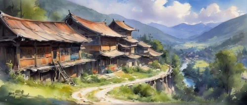 mountain village,alpine village,mountain settlement,wooden houses,mountain huts,huashan,korean folk village,world digital painting,house in mountains,traditional village,village life,villages,watercolor background,watercolor tea shop,knight village,guizhou,watercolor shops,yunnan,home landscape,landscape background,Illustration,Paper based,Paper Based 11