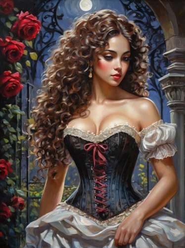 romantic portrait,victorian lady,gothic portrait,fantasy art,fantasy portrait,oil painting on canvas,art painting,romantic rose,oil painting,cinderella,fairy tale character,young woman,italian painter,queen of hearts,fantasy woman,gothic woman,corset,celtic queen,fantasy picture,with roses,Conceptual Art,Oil color,Oil Color 10