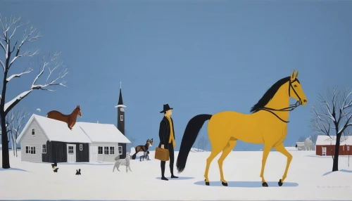 man and horses,snow scene,christmas horse,standardbred,two-horses,cross-country equestrianism,winter landscape,carol colman,racehorse,horses,winter animals,horse grooming,sleigh ride,christmas landscape,horse herder,brown horse,black horse,equine,horse stable,winter house,Conceptual Art,Oil color,Oil Color 13