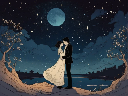 vintage couple silhouette,the moon and the stars,honeymoon,blue moon rose,the night of kupala,silver wedding,moon phase,couple silhouette,ballroom dance silhouette,wedding couple,romantic scene,moonlight,moonlit night,moon and star,the night sky,moon and star background,a fairy tale,bride and groom,moon night,bridegroom,Illustration,Black and White,Black and White 02