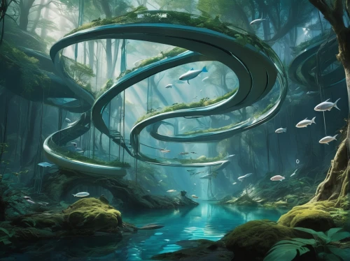 fantasy picture,elven forest,forest dragon,fantasy landscape,merfolk,serpent,fantasy art,mountain spring,3d fantasy,forest fish,cg artwork,concept art,nuphar,crescent spring,helix,flow of time,the mystical path,tendril,cuthulu,druid grove,Conceptual Art,Sci-Fi,Sci-Fi 24
