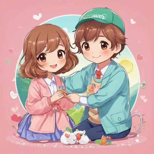 hiyayakko,little boy and girl,boy and girl,kawaii children,heart in hand,hands holding,hold hands,couple boy and girl owl,young couple,hands holding plate,holding hands,together and happy,miku maekawa,honmei choco,holding flowers,vintage boy and girl,chibi kids,chibi children,helping hand,cherry blossom festival,Illustration,Japanese style,Japanese Style 01