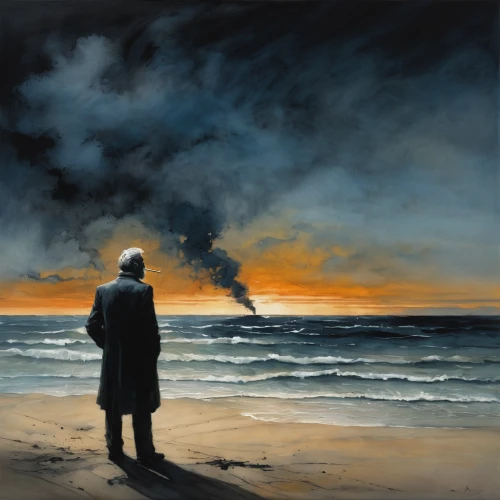 man at the sea,the north sea,seafarer,atmospheric phenomenon,oil painting on canvas,oil painting,elderly man,overcoat,north sea,el mar,the conflagration,oil on canvas,the people in the sea,the wind from the sea,evening atmosphere,old age,pensioner,atmospheric,exploration of the sea,sea storm,Illustration,Abstract Fantasy,Abstract Fantasy 18