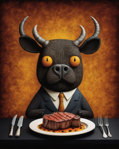 omnivore,galloway beef,horoscope taurus,anticuchos,anthropomorphized animals,steakhouse,delmonico steak,carnivore,venison,appetite,filet mignon,entrecote,lamb meat,the zodiac sign taurus,butler,rumpsteak,minotaur,ruminant,steak,rack of lamb,Illustration,Abstract Fantasy,Abstract Fantasy 19