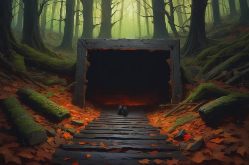 hollow way,threshold,forest path,the mystical path,the path,witch's house,wooden path,haunted forest,autumn forest,pathway,tunnel,exploration,the threshold of the house,the forest,world digital painting,digital painting,heaven gate,hiking path,forest walk,forest,Conceptual Art,Oil color,Oil Color 12