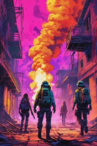 post apocalyptic,apocalypse,cyberpunk,lost in war,post-apocalypse,game art,apocalyptic,dystopia,game illustration,travelers,digital nomads,fallout,dystopian,wasteland,outbreak,colorful city,post-apocalyptic landscape,would a background,patrols,radiation,Conceptual Art,Daily,Daily 21