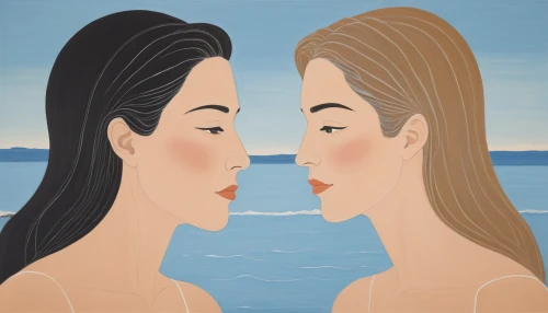 two girls,vector illustration,mermaid vectors,beach background,mirror image,summer clip art,vector graphics,vector image,two people,women's cosmetics,background vector,girl kiss,women silhouettes,vector graphic,water connection,face to face,dualism,cosmetic products,fashion vector,vector art,Conceptual Art,Oil color,Oil Color 13