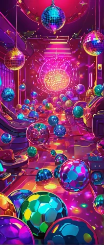 ufo interior,disco,psychedelic art,mushroom landscape,colored lights,psychedelic,rave,trip computer,alien world,cyberspace,prism ball,party lights,acid lake,nightclub,futuristic landscape,spaceship space,ufos,pinball,alien planet,fractal environment,Illustration,Realistic Fantasy,Realistic Fantasy 38