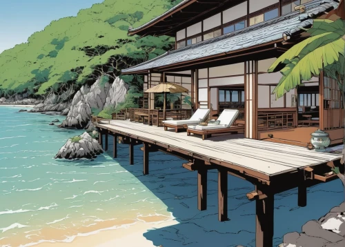 house by the water,ryokan,floating huts,tsukemono,japanese architecture,seaside resort,sea-shore,dream beach,japanese background,summer cottage,beach house,seaside view,beach resort,shinto,japanese-style room,summer house,japan landscape,studio ghibli,japanese art,japanese waves,Illustration,American Style,American Style 06