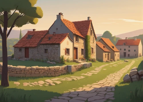cobblestone,farmstead,stone houses,knight village,village life,medieval town,home landscape,small landscape,little house,cobblestones,medieval street,cobble,lonely house,cottages,late afternoon,old home,wooden houses,ancient house,summer evening,evening light,Illustration,Vector,Vector 05