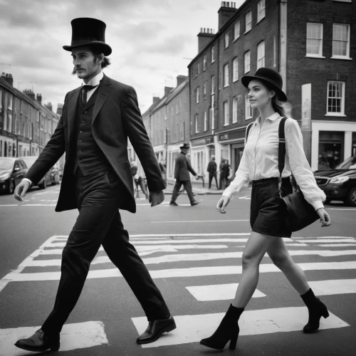 vintage man and woman,roaring twenties couple,the victorian era,roaring twenties,vintage boy and girl,dublin,charlie chaplin,man and woman,whitby goth weekend,trilby,victorian fashion,chaplin,mobster couple,bowler hat,street photography,fashionista from the 20s,victorian style,crosswalk,man and wife,woman walking,Photography,General,Natural
