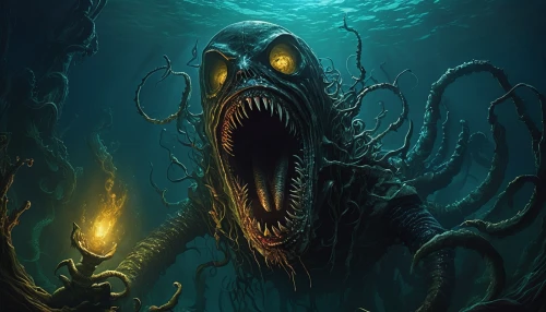 sea monsters,deep sea,kraken,deep sea diving,water creature,god of the sea,sea devil,undersea,deep sea nautilus,deep sea fish,cuthulu,anglerfish,sea god,under sea,merfolk,krill,supernatural creature,bottom of the sea,the bottom of the sea,cephalopod,Illustration,Realistic Fantasy,Realistic Fantasy 22