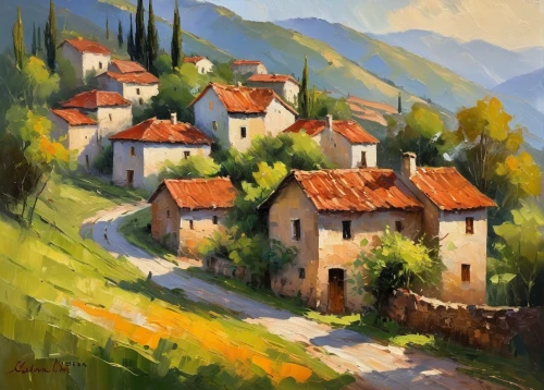 tuscan,mountain village,mountain settlement,stone houses,villages,alpine village,cottages,escher village,row of houses,dubrovnic,old village,home landscape,sveti stefan,village scene,kato lefkara,dubrovnik,croatia,provence,rural landscape,house in mountains,Conceptual Art,Oil color,Oil Color 22