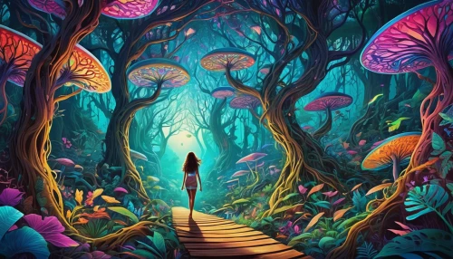 mushroom landscape,fairy forest,forest of dreams,fairy world,pathway,the mystical path,enchanted forest,mermaid background,wonderland,forest path,fantasy picture,world digital painting,fairy village,the path,fairytale forest,the forest,garden of eden,cartoon forest,mushroom island,fantasy landscape,Illustration,Realistic Fantasy,Realistic Fantasy 39
