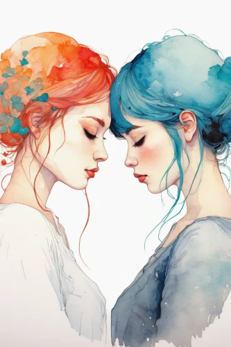 two girls,princesses,sirens,water colors,gemini,mermaids,young women,opposites,watercolors,hairstyles,watercolor paint,twin flowers,songbirds,in pairs,watercolor,fairies,watercolor women accessory,rainbow color palette,sun and moon,transistor,Illustration,Paper based,Paper Based 19