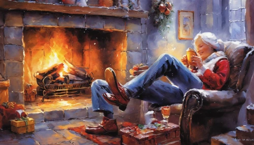 christmas fireplace,log fire,christmas scene,fireside,christmas messenger,the occasion of christmas,yule log,opening presents,fireplace,warming,warm and cozy,christmas wallpaper,fire place,warmth,christmas,christmas picture,pre-christmas time,father christmas,santa claus,merry christmas,Conceptual Art,Oil color,Oil Color 03