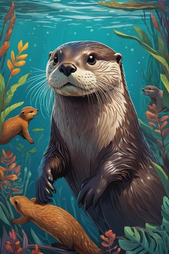 north american river otter,otter,otters,otter baby,otterbaby,sea otter,aquatic mammal,giant otter,nutria,coypu,beaver,pygmy sloth,nutria-young,mustelidae,muskrat,polecat,marine mammal,seal,mustelid,autumn icon,Illustration,Paper based,Paper Based 10