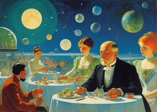 waiter,diner,dinner party,epcot ball,dining,exclusive banquet,fine dining restaurant,the ball,soda fountain,waiting staff,astronomers,vintage illustration,orrery,kristbaum ball,sci fiction illustration,ice cream parlor,night scene,saucer,atomic age,romantic dinner,Art,Classical Oil Painting,Classical Oil Painting 27