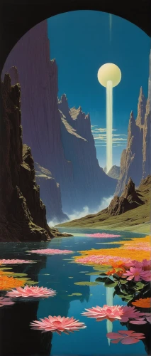 futuristic landscape,alien planet,alien world,mushroom landscape,saucer,cosmos,cosmos field,fantasy landscape,canyon,atomic age,ufos,earth rise,planet alien sky,vast,ufo,ufo interior,acid lake,panoramical,valley of the moon,gas planet,Conceptual Art,Sci-Fi,Sci-Fi 16