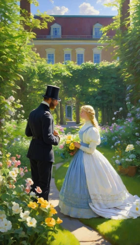 in the garden,garden party,flower delivery,girl in the garden,promenade,hydrangeas,work in the garden,towards the garden,young couple,english garden,the victorian era,rosebushes,picking flowers,flower garden,idyll,yellow garden,springtime background,wedding couple,romantic scene,way of the roses,Art,Classical Oil Painting,Classical Oil Painting 20