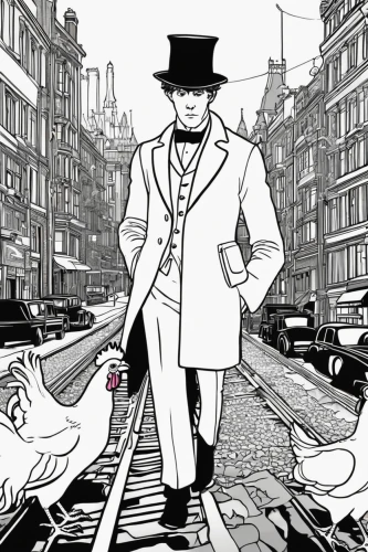 frock coat,detective,sherlock holmes,overcoat,holmes,mafia,white-collar worker,gentlemanly,de ville,bellboy,lupin,a pedestrian,inspector,cordwainer,comic style,hatter,smooth criminal,walking man,mono-line line art,top hat,Illustration,Black and White,Black and White 24