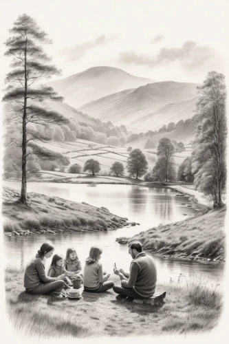 glendalough,children studying,children drawing,lake district,foragers,people fishing,fishing classes,trossachs national park - dunblane,ladybower reservoir,wales,picnic,three peaks,scottish smallpipes,autumn idyll,loch drunkie,upper derwent valley,children learning,tearoom,men sitting,fishing camping,Illustration,Black and White,Black and White 35