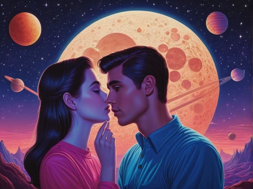 honeymoon,the moon and the stars,herfstanemoon,phase of the moon,celestial bodies,sci fiction illustration,romantic portrait,pda,astronomers,lunar,two people,moons,moon and star,lunar eclipse,gemini,moon and star background,first kiss,valley of the moon,space art,kissing,Illustration,Retro,Retro 16