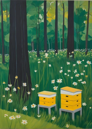 apiary,flower painting,buttercups,beehives,springtime background,beekeeping,beekeepers,honey bees,bees,daffodils,bee colony,wood anemones,honey jars,bumblebees,cartoon forest,bee farm,daffodil field,honeybees,daisies,forest background,Conceptual Art,Oil color,Oil Color 13