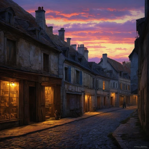 medieval street,the cobbled streets,french digital background,dordogne,france,houses silhouette,normandy,evening atmosphere,arles,medieval town,old town,cobblestone,oradour-sur-glane,cobbles,townscape,moret-sur-loing,le mans,narrow street,the old town,wooden houses,Art,Classical Oil Painting,Classical Oil Painting 18