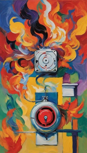 stove,kitchen sink,fire sprinkler,kitchen stove,gas stove,magneto-optical disk,psychedelic art,oil on canvas,pencil sharpener waste,cooktop,cuckoo clock,fire ring,record player,cd cover,whirling,turntable,surrealism,zippo,children's stove,kitchen scale,Conceptual Art,Oil color,Oil Color 25