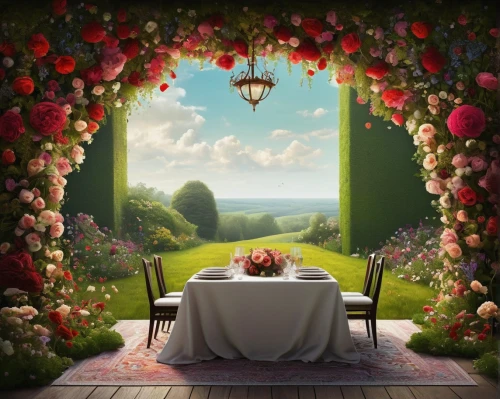 dandelion hall,tearoom,flower background,floral background,flower booth,table setting,afternoon tea,the little girl's room,way of the roses,breakfast room,place setting,romantic scene,sweet table,high tea,table arrangement,table decoration,floral composition,flower painting,romantic dinner,flower garden,Illustration,Abstract Fantasy,Abstract Fantasy 01