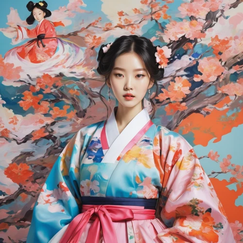 hanbok,geisha girl,geisha,kimono fabric,oriental painting,japanese woman,kimono,floral japanese,oriental princess,japanese floral background,oriental girl,mukimono,japanese art,korean culture,korean,青龙菜,白斩鸡,chinese art,mulan,plum blossoms,Conceptual Art,Oil color,Oil Color 18