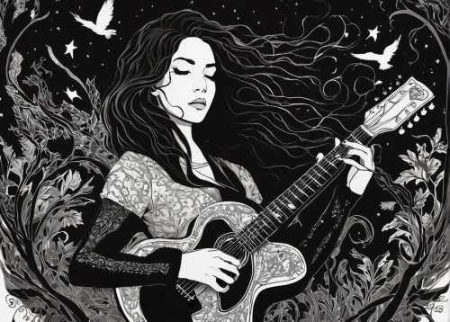 guitar,feist,vanessa (butterfly),songbird,bard,blackbird,hand-drawn illustration,woman playing,concert guitar,book illustration,digital illustration,playing the guitar,songbirds,musician,folk music,the guitar,cool woodblock images,queen of the night,mandolin,rosa ' amber cover,Illustration,Black and White,Black and White 02