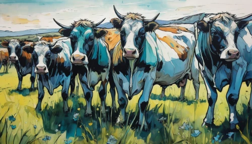 cows on pasture,cow herd,oxen,cows,heifers,dairy cows,happy cows,mountain cows,milk cows,galloway cows,livestock,holstein cattle,cattle,the herd,galloway cattle,cow meadow,dairy cattle,herd,pasture,ears of cows,Illustration,Realistic Fantasy,Realistic Fantasy 23