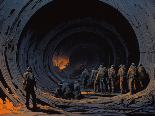 underground cables,miners,tunnel,sewer pipes,coal mining,bitcoin mining,door to hell,underground,concrete pipe,mine shaft,hollow way,wall tunnel,manhole,crypto mining,catacombs,lava tube,fallout shelter,mining,sci fiction illustration,railway tunnel,Illustration,Retro,Retro 26