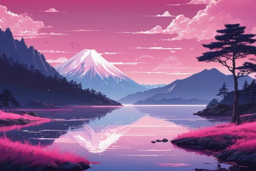 purple landscape,landscape background,japan landscape,pink dawn,mountain landscape,japanese mountains,mountains,evening lake,japanese alps,nature landscape,river landscape,fantasy landscape,mountain lake,mountain sunrise,mountainlake,pink grass,mountain,beautiful landscape,mountain scene,pink-purple,Illustration,Japanese style,Japanese Style 14