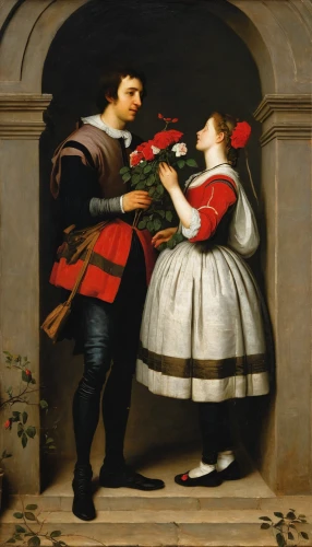 young couple,accordion player,courtship,dancing couple,woman holding pie,tudor,bougereau,serenade,bagpipe,matador,flower delivery,man and wife,bagpipes,pandero jarocho,mistletoe,with a bouquet of flowers,floral greeting,romantic portrait,holding flowers,woman playing violin,Art,Classical Oil Painting,Classical Oil Painting 26
