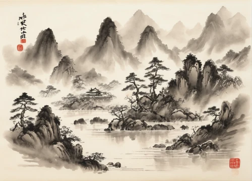 chinese art,luo han guo,wuyi,yangqin,huashan,oriental painting,xing yi quan,cool woodblock images,yi sun sin,huangshan maofeng,hwachae,yunnan,guizhou,rou jia mo,tai qi,tong sui,wuchang,junshan yinzhen,t'ai chi ch'uan,mountain scene,Illustration,Paper based,Paper Based 30