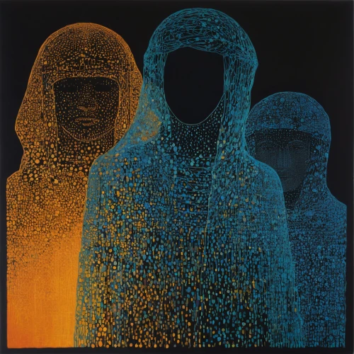 neon ghosts,balaclava,high-visibility clothing,thermal,graduate silhouettes,uv,women silhouettes,pedestrian,mannequin silhouettes,album cover,pedestrians,hooded man,image scanner,orange robes,polar fleece,fluorescent dye,monks,contemporary witnesses,faceless,avatars,Illustration,Abstract Fantasy,Abstract Fantasy 20
