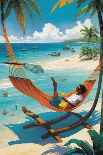 hammock,idyllic,jamaica,tahiti,dream beach,caribbean beach,seychelles,caribbean,haiti,bora-bora,the caribbean,hammocks,tropical beach,carribean,polynesia,sunlounger,deckchair,barbados,paradise beach,tropical sea,Illustration,Realistic Fantasy,Realistic Fantasy 06