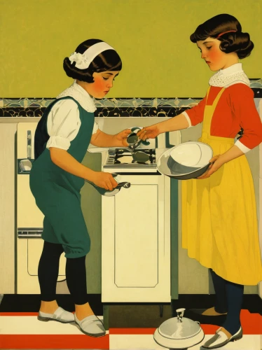 housework,vintage kitchen,hands holding plate,girl in the kitchen,vintage illustration,domestic life,cookware and bakeware,domestic,kate greenaway,vintage dishes,retro 1950's clip art,food preparation,cooking book cover,homemaker,housewife,wash the dishes,tureen,ceramic hob,kitchen work,food and cooking,Illustration,Retro,Retro 15