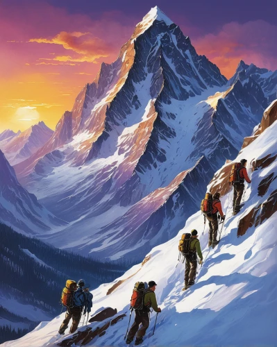 alpine crossing,snowy peaks,ski mountaineering,ski touring,mount everest,mountain peak,alpine route,mountain scene,snow mountains,camel peak,the spirit of the mountains,alpine climbing,snowy mountains,mountain sunrise,mountain guide,alpine sunset,mountains,everest,high-altitude mountain tour,snow mountain,Illustration,Paper based,Paper Based 03