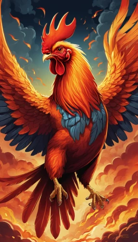 phoenix rooster,fawkes,phoenix,fire birds,gryphon,red bird,griffon bruxellois,redcock,cockerel,griffin,eagle illustration,firebird,bird illustration,rooster,gallus,bird png,flame spirit,red hen,araucana,garuda,Illustration,American Style,American Style 13