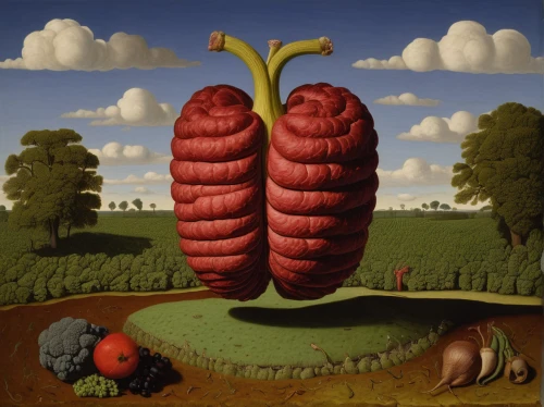 grant wood,vegetables landscape,worm apple,surrealism,red mulberry,red beets,noorderleech,cornucopia,horn of plenty,agriculture,root vegetable,vegetable field,surrealistic,boudin,love lies bleeding,raspberries,root vegetables,beets,beetroot,adam and eve,Art,Artistic Painting,Artistic Painting 30