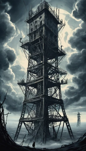 steel tower,fire tower,lookout tower,watchtower,tower of babel,electric tower,observation tower,transmission tower,cellular tower,industrial ruin,stalin skyscraper,scaffolding,industrial landscape,steel scaffolding,cell tower,oil platform,oil rig,transmitter,impact tower,antenna tower,Illustration,Black and White,Black and White 07