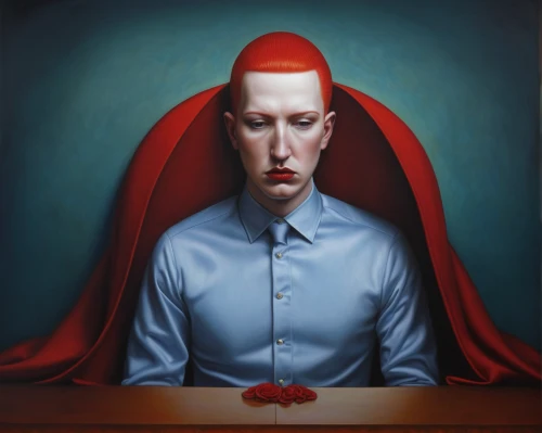 gothic portrait,man in red dress,bridegroom,self-portrait,split personality,bellboy,red tablecloth,juggler,a wax dummy,artist portrait,art dealer,bloned portrait,surrealism,self portrait,man with a computer,andreas cross,red chief,self-deception,personage,fortune teller,Conceptual Art,Daily,Daily 22