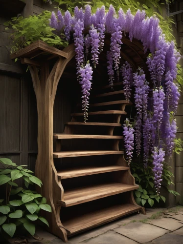 wisteria shelf,wisteria,wooden stairs,outside staircase,garden bench,climbing garden,wood and flowers,wooden stair railing,fairy door,flower box,staircase,balcony garden,flower boxes,wooden path,stairs,stone stairs,harp with flowers,flower stand,exterior decoration,lilac arbor,Conceptual Art,Fantasy,Fantasy 16