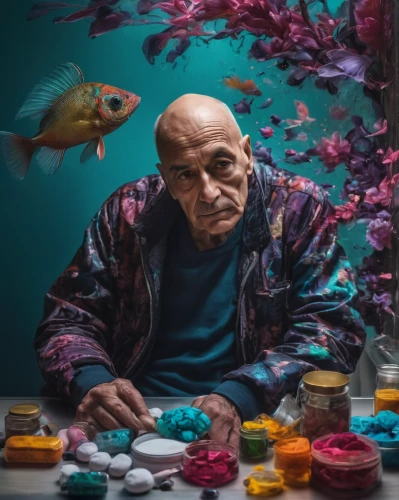 fish-surgeon,elderly man,pensioner,elderly person,old age,fishmonger,photo manipulation,world digital painting,photomanipulation,older person,fish collage,fish in water,flower painting,meticulous painting,conceptual photography,version john the fisherman,ornamental fish,fisherman,painting technique,photoshop manipulation,Illustration,Paper based,Paper Based 04
